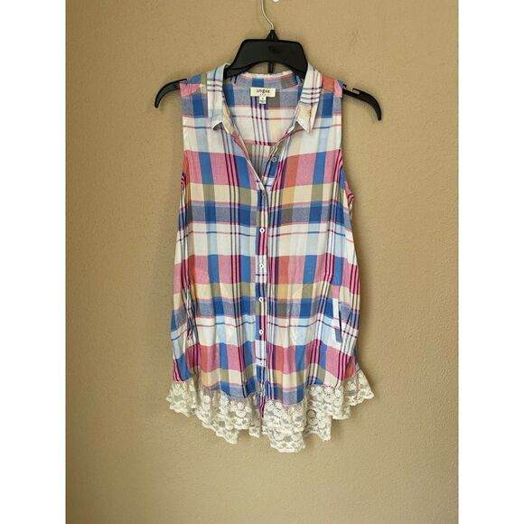 💙 Umgee Boho Plaid Tunic  Blouse - Picture 1 of 4